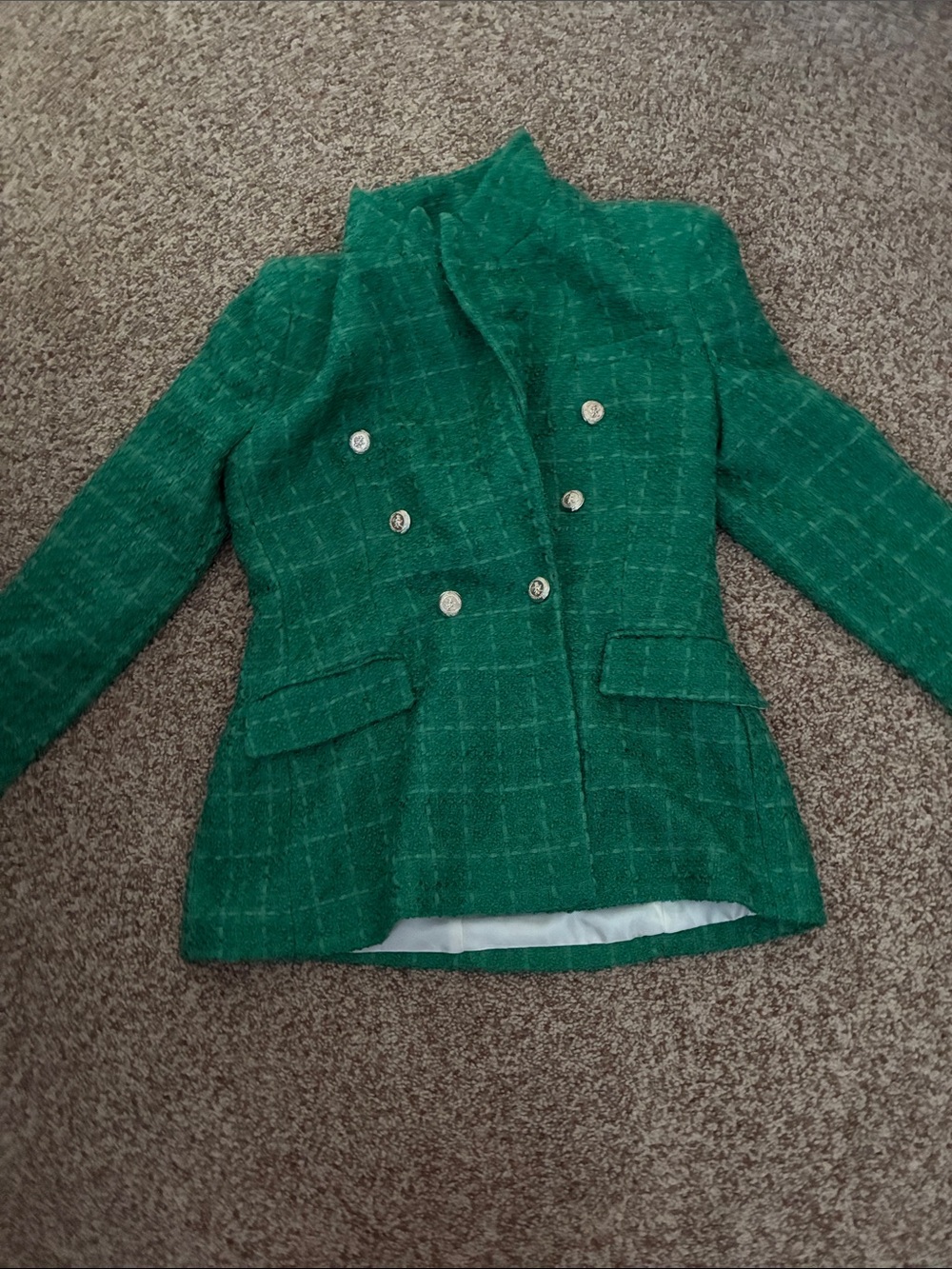 Zara Girls' Emerald Green Double-Breasted Tweed Blazer